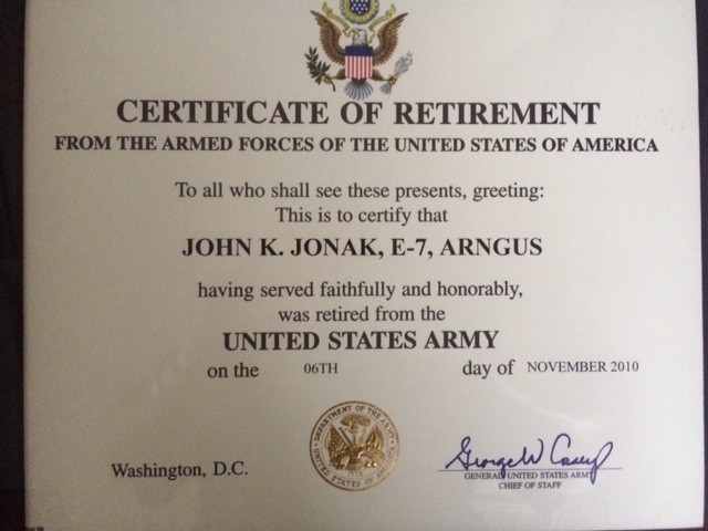 John Jonak Certificate of Retirement from U.S. Army
