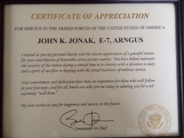 Certificate of Appreciation from Commander in Chief